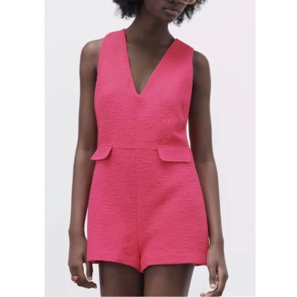Zara Barbie Hot Pink Textured Woven Boucle Tweed Romper Short Jumpsuit Size XL
